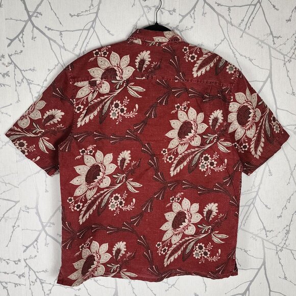 Axis Red Floral Print Linen Cotton Button Front Short Sleeve Shirt - Picture 2 of 5